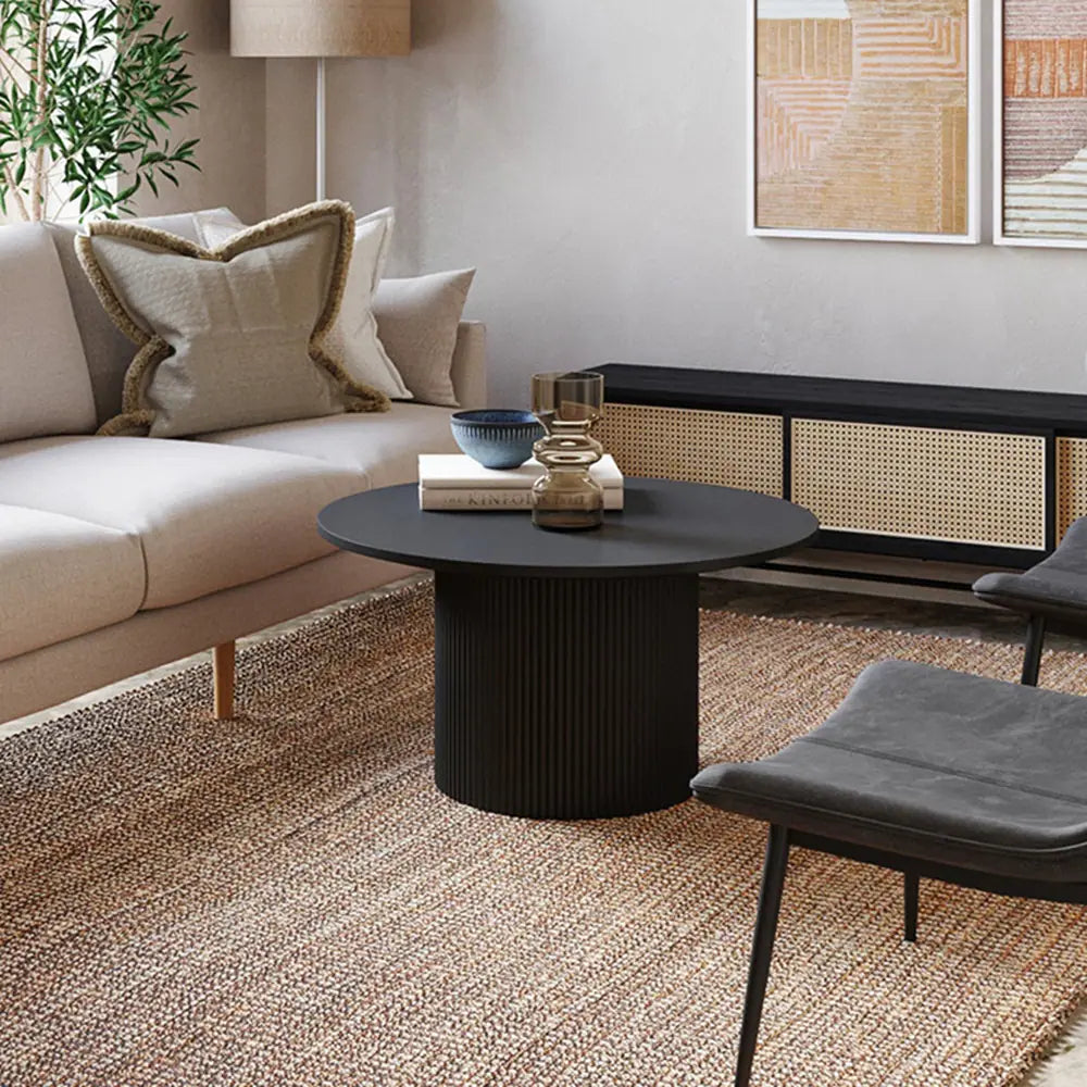 Luxo Nation Elegance: Round Coffee Table with Solid Wood Circle Pedestal, Finished in Black